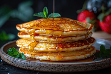 A close-up of a stack of pancakes, with syrup dripping down the sides