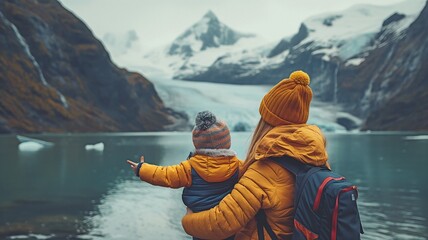 Mother gesturing to her daughter and pointing to glaciers and mountains