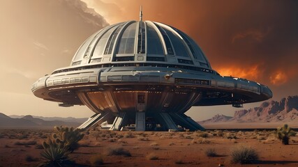 Science fiction meets whimsy in this bizarre portrayal of a hamburger-shaped space station orbiting a desert planet under exotic skies. - obrazy, fototapety, plakaty