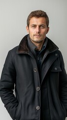 Obraz premium Portrait of a self-assured adult man on a white background wearing a black jacket.