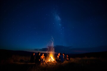 A group of people gathered around a campfire under the midnight sky. Generative AI