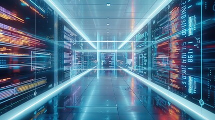 A technologically futuristic office, data scrolls on the holographic screen, reflecting the futurism and technological ambiance of the era, illuminated by holographic digital elements. Generative AI.