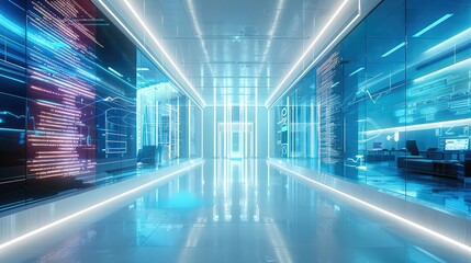 A technologically futuristic office, data scrolls on the holographic screen, reflecting the futurism and technological ambiance of the era, illuminated by holographic digital elements. Generative AI.