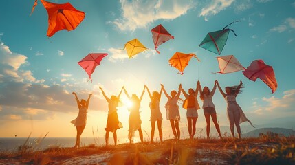 A joyful group of friends flying kites together, their colorful kites contrasting with the white background