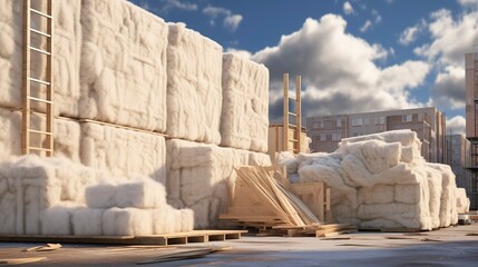 A photo of a construction site with a stack of insulation