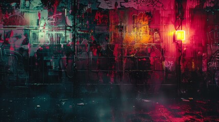 A neon exit sign burns bright in the depths of a graffiti-scarred alley, offering a stark juxtaposition of direction amidst chaos.