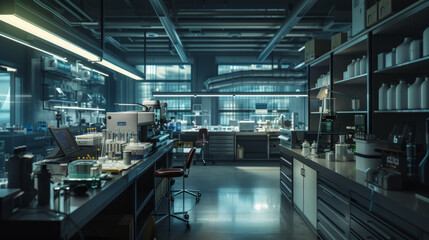 A state-of-the-art pharmaceutical research and development center with scientists' workstations and advanced testing equipment, momentarily unoccupied but ready to push the boundaries of medicine