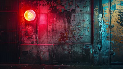 A single neon dollar sign casts a glow on the worn textures of a graffiti-covered urban wall, signaling hidden commerce.