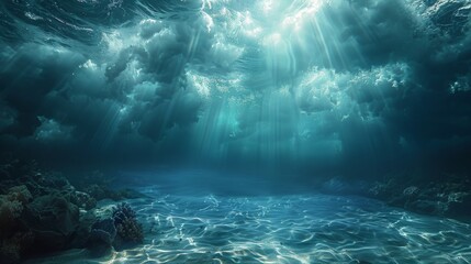 Dramatic beams of sunlight break through the ocean surface, casting a heavenly glow over the coral seabed.