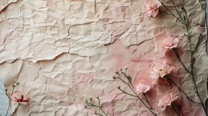 Gentle pink blossoms offer a touch of spring as they lay scattered across a backdrop of delicately crumpled paper, creating a contrast between the floral softness and the sharp lines of the wrinkled.