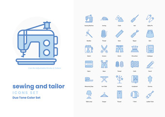 Sewing and tailor icons set such as, Needle, Thread, Sewing Machine, Scissors, Tape Measure, Pin Cushion, Thimble, Fabric, Bobbin, vector illustration