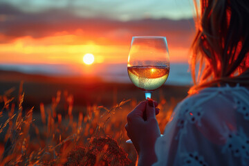 A silhouette of a person holding a glass of wine, against the backdrop of a sunset - Powered by Adobe