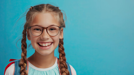 Cheerful pleased schoolgirl model on pastel blue background