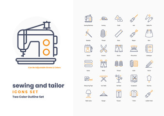 Sewing and tailor icons set such as, Needle, Thread, Sewing Machine, Scissors, Tape Measure, Pin Cushion, Thimble, Fabric, Bobbin, vector illustration