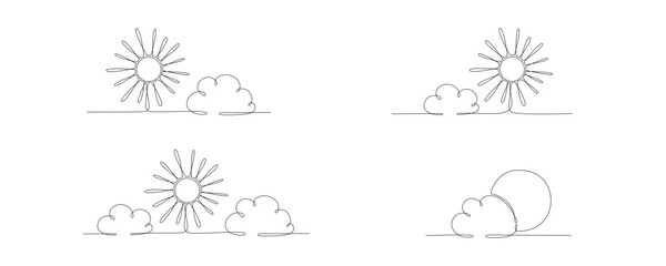 Sun and cloud set - hand drawing one single continuous line banner. Vector stock illustration isolated on white background for design template weather forecast, travel blog. Editable stroke. 