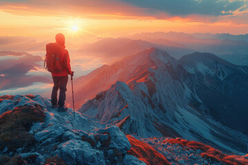 A mountain range, with a hiker standing in the foreground and looking out at the view - obrazy, fototapety, plakaty