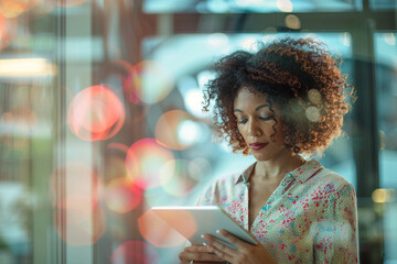 engaging photo of the versatility of a businesswoman as she uses a digital tablet to brainstorm ideas in the boardroom, with a blurred background suggesting a creative and collabor