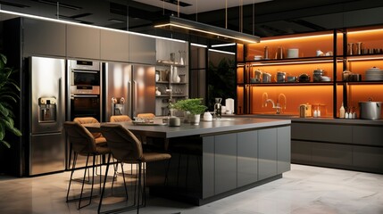 A photo of a contemporary kitchen with high-tech apple - obrazy, fototapety, plakaty