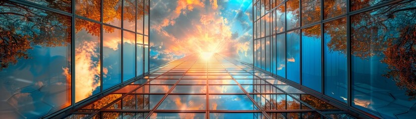 Glass skyscraper ascending to the sky - A breathtaking view of a glass skyscraper reflecting the surrounding autumn trees, reaching towards the sky filled with clouds - obrazy, fototapety, plakaty