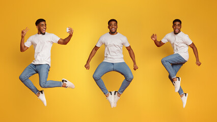 Fototapeta na wymiar Collage of jumping black guy on orange