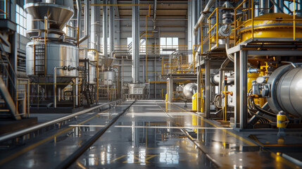A busy chemical production plant with mixing vessels and purification systems, currently dormant but ready to manufacture chemicals for various industries - Powered by Adobe
