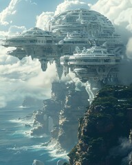 Futuristic city above the clouds - A breathtaking vision of a futuristic city floating above the clouds on a cliff's peak overlooking the sea