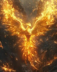 Mythical phoenix rising from the flames - A breathtaking image of a fiery phoenix rising, symbolizing rebirth and immortality within mythical lore