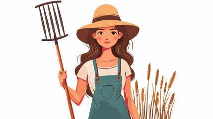 Woman with garden hat holding rake 2d flat cartoon