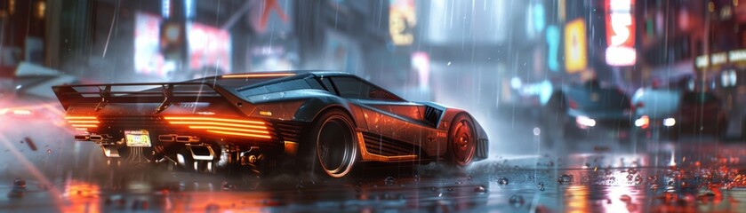 Sleek Sports Car in Rainy Neon City at Night - A high-end sports car cuts through a rainy street, bathed in neon city lights, evoking speed and luxury - obrazy, fototapety, plakaty