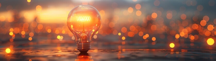Glowing light bulb on a reflective surface - A glowing light bulb with Idea filament shines vividly on a reflective surface amidst a warm bokeh light, evoking innovation and inspiration - obrazy, fototapety, plakaty