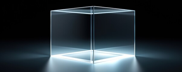 White glass cube abstract 3d render, on black background with copy space minimalism design for text or photo backdrop 