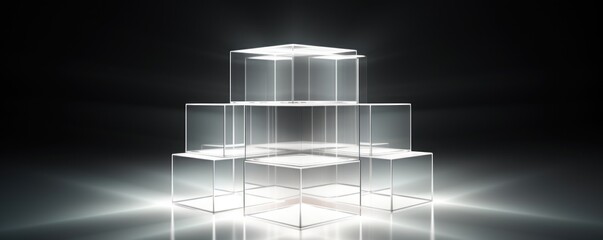 White glass cube abstract 3d render, on black background with copy space minimalism design for text or photo backdrop 