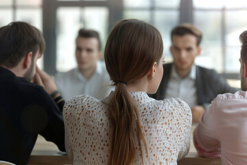 discreet photo of coworkers whispering behind the back of an unhappy businesswoman in the office, with a softly blurred background of the workplace, highlighting office dynamics an