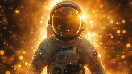 Golden astronaut helmet reflecting a starry sky - A mesmerizing image showing the reflection of the starry cosmos on the golden visor of an astronaut's helmet - obrazy, fototapety, plakaty
