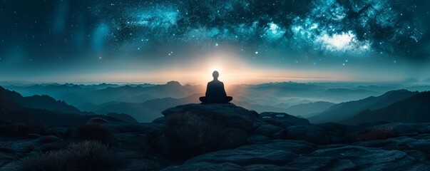 Meditating figure under a starry sky mountain - A serene portrayal of meditation under a magnificent starry sky, embracing the vastness of the mountain range