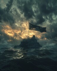 Tattered flag over ocean with dramatic sky - A scenic image featuring a tattered flag over a rocky outpost with a dramatic sky and ocean at dusk
