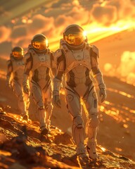 Astronauts marching on a dusty planet - A trio of astronauts march purposefully across a dusty, alien landscape, bathed in the warm glow of a distant sun