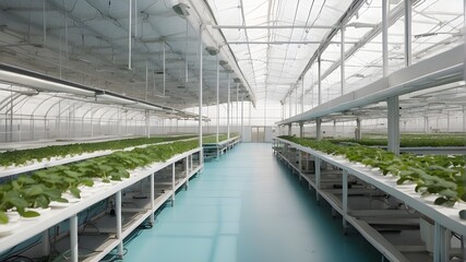  An agricultural greenhouse including hydroponic shelves, a hydroponic farm housed in a high-tech farming facility. Concept of agricultural technology - obrazy, fototapety, plakaty