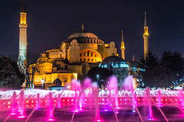 Istanbul, Turkey - March 28 2014: The night view of Hagia Sophia in Istanbul