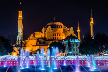 Istanbul, Turkey - March 28 2014: The night view of Hagia Sophia in Istanbul