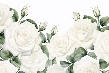 White roses watercolor clipart on white background, defined edges floral flower pattern background with copy space for design text or photo backdrop minimalistic 