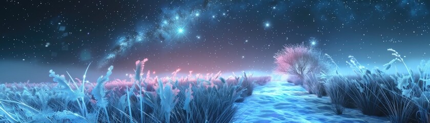 Fototapeta premium A frozen path through a winter landscape, where ice crystals catch the starlight and sparkle like jewels, 3D illustration