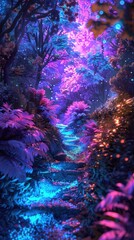 Obraz na płótnie Canvas A hidden path through a mystical forest, where bioluminescent plants and starlight create a sparkling, dreamlike landscape, 3D illustration