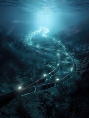 Fototapeta na wymiar A hyperrealistic image of submarine fiberoptic cables snaking across the ocean floor, bathed in the eerie glow of bioluminescent creatures, 3D illustration
