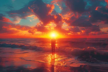 Zelfklevend Fotobehang A silhouette of a person standing on a beach, watching the sunset © Veniamin Kraskov