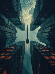 A missile flying past the towering skyscrapers of a megacity, their windows reflecting its ominous silhouette, 3D illustration
