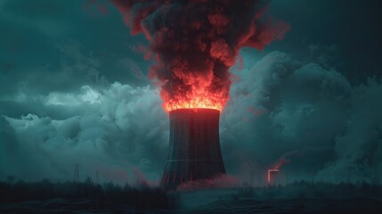 A nuclear reactor's cooling tower emitting fire instead of steam, under the ominous light of an emergency red siren, 3D illustration