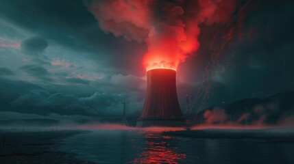 A nuclear reactor's cooling tower emitting fire instead of steam, under the ominous light of an emergency red siren, 3D illustration - obrazy, fototapety, plakaty