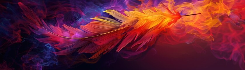 A phoenix feather, burning brightly yet not consumed, in the dark of night, depicted in a vibrant, expressionist style, 3D illustration - obrazy, fototapety, plakaty