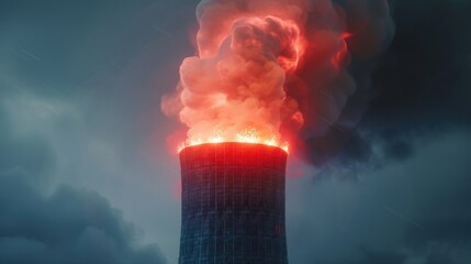 A nuclear reactor's cooling tower emitting fire instead of steam, under the ominous light of an emergency red siren, 3D illustration - obrazy, fototapety, plakaty